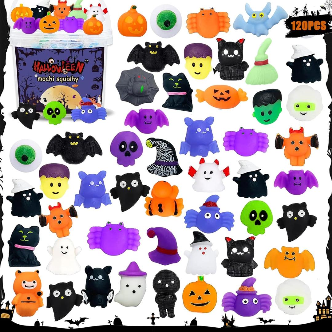 120 PCS Halloween Mochi Squishy Toys fillers with Storage Box  Non Candy Trick or Treat Gifts for Kids, Cute Halloween Party Favors, Pumpkin Ghost Spider Designs, Classroom Prizes, Stress Relief Toys