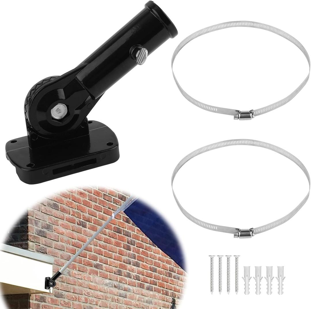 NQEUEPN Metal Flag Pole Bracket, No Drill Flag Pole Mount Adjustable Heavy Duty Flag Pole Holder for Square & Round Railing Wall Balcony Fence Porch (Black)