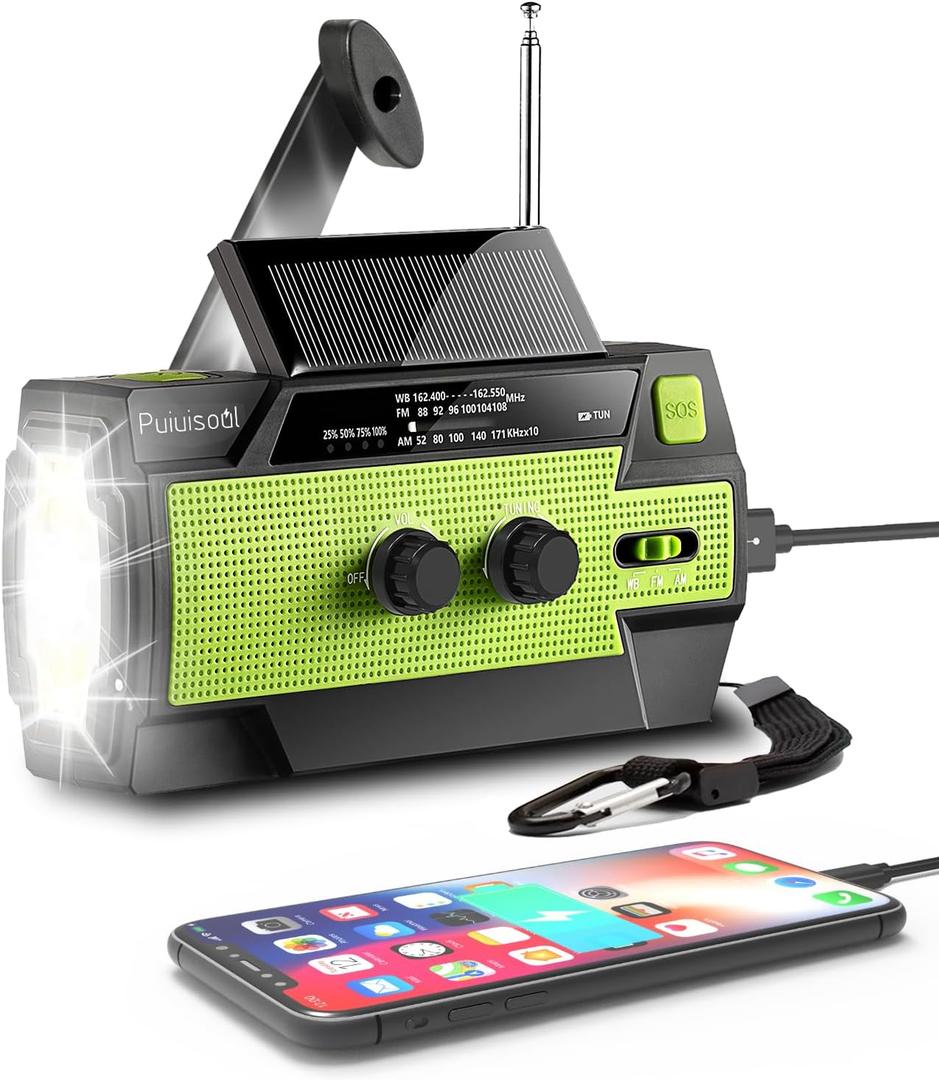 Emergency-Radio,Puiuisoul 4000mAh Weather Radios with Hand Crank & Solar Charging,Portable 3 Gear LED Flashlight,SOS Alarm, AM/FM/NOAA,Motion Sensor Reading Lamp