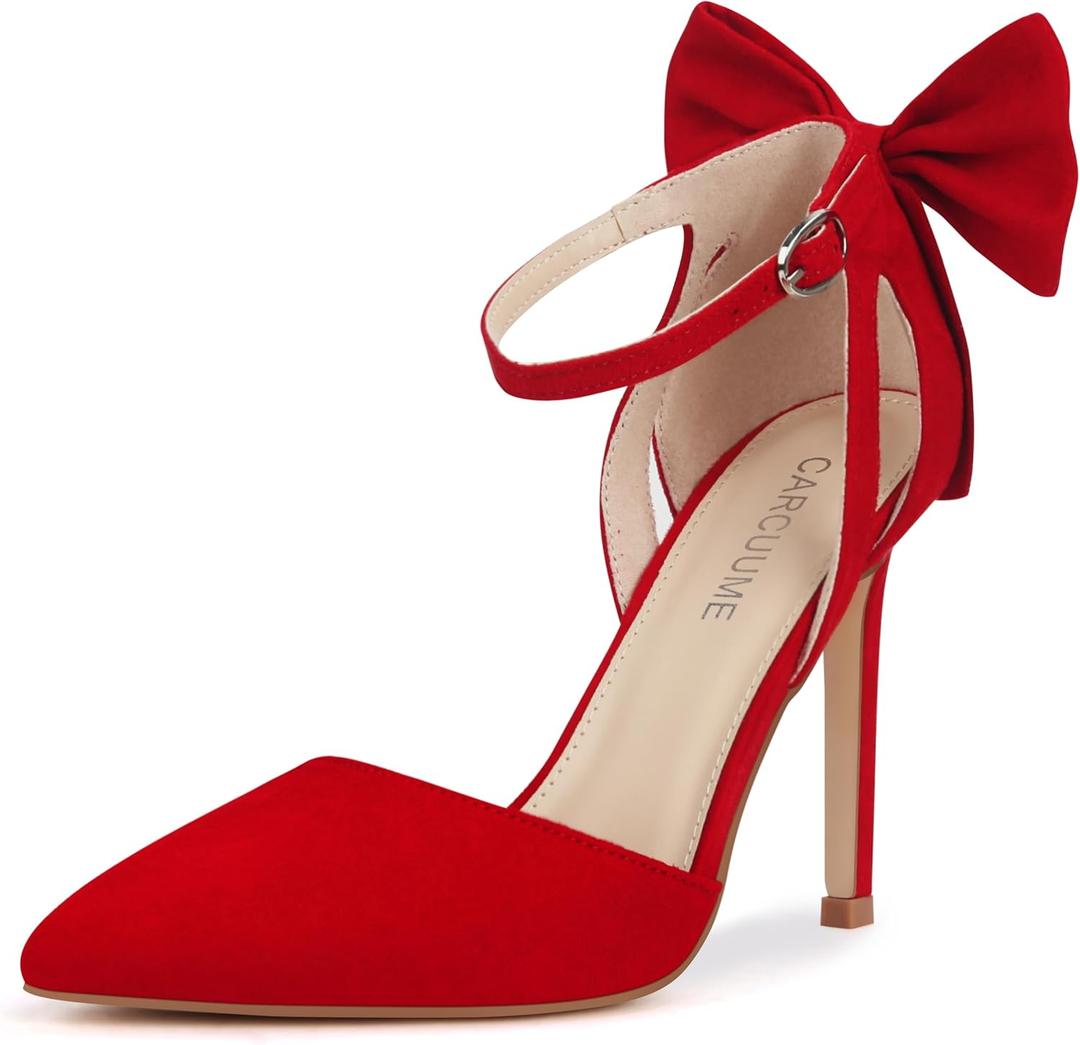 Carcuume Women's Closed Toe Heels Bow Stiletto Heel Sandals Pointed Toe Pumps Wedding Shoes (6, Red)