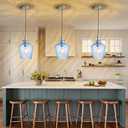 Modern Stripes Blue Glass Pendant Lighting for Kitchen Island 1 Pack, Farmhouse Nickel Pendant Light Fixtures, Height Adjustable Ceiling Pendant Light, 8 Inch