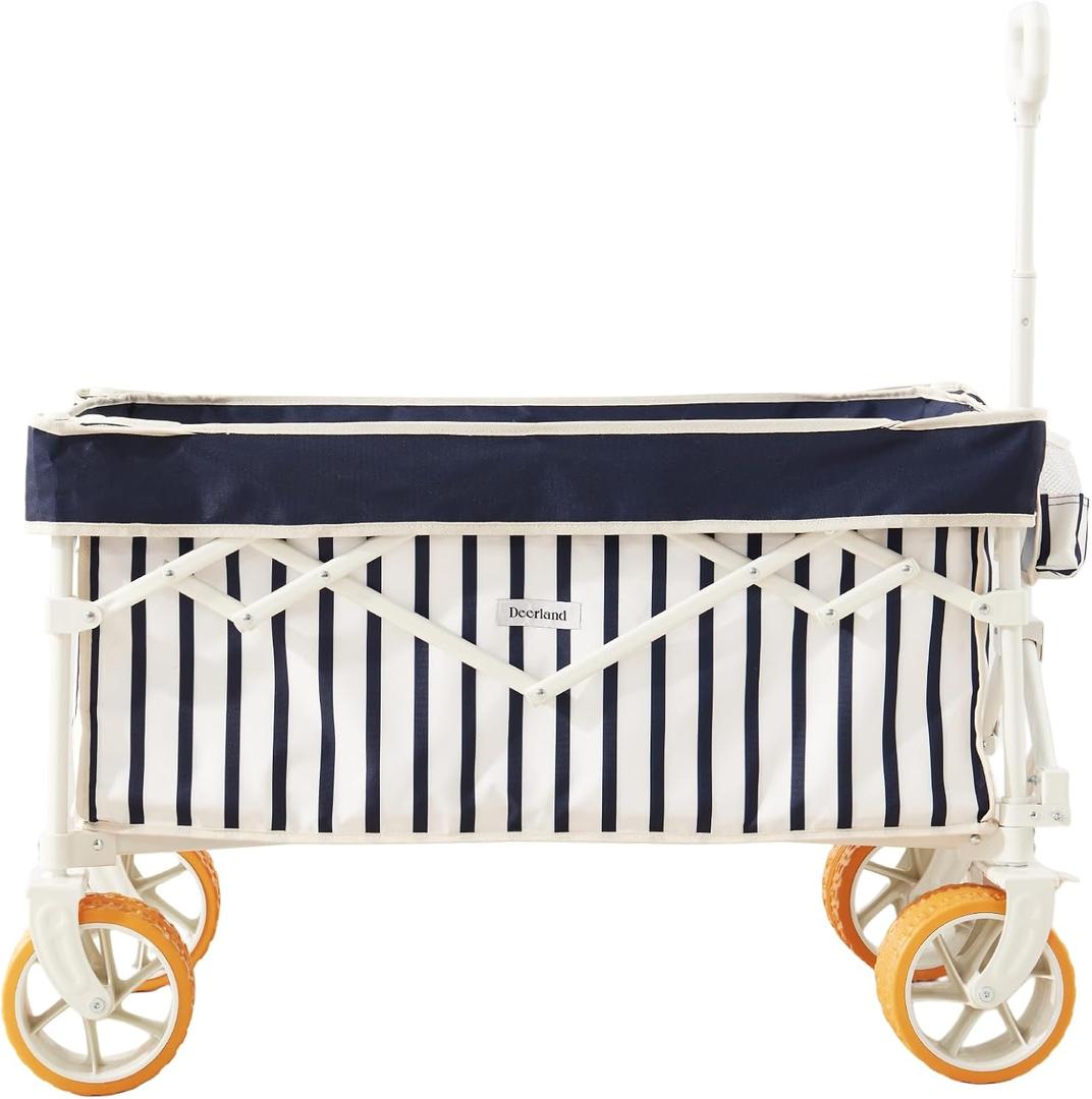 Beach Wagon for Sand with 6.7" Fat Tires, Foldable Beach Cart for Beach & Camping, Large Capacity Easy-Pull Wagon, Heritage Navy Stripe