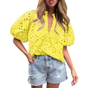 BETTE BOUTIK Women's Long Short Sleeve Tops 2025 Dressy Casual Button Hollow Out Lace Embroidered Blouses Shirts (Yellow)