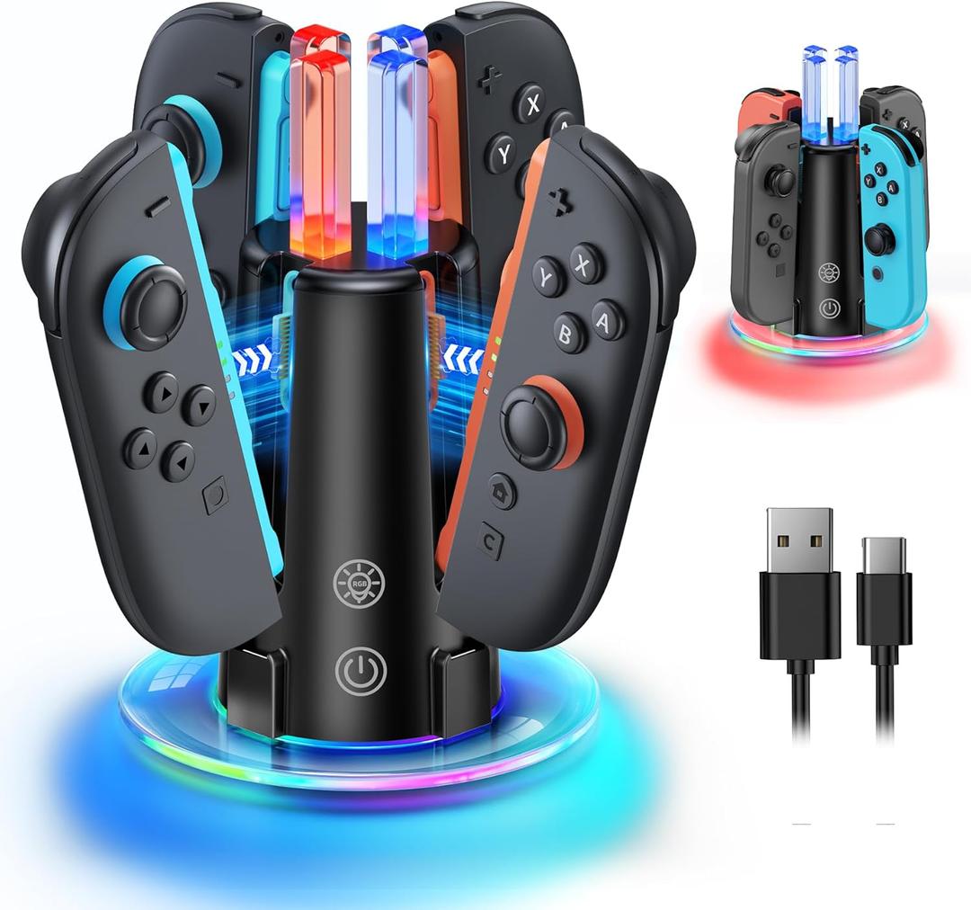 [Switch 2/1 Both] Controller Charger Dock Station, 8 in 1 Dual-Direction Magnetic Vertical Charging Stand for JoyCon 2 Witch Transparent Acrylic Display Base & LED Indicators for Nintendo Switch 2/1 (Clear Clear Stand with RGB light)