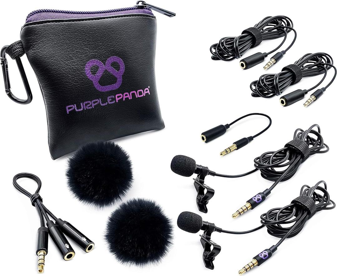 Purple Panda Dual Interview Lavalier Lapel Microphone Kit (2 Pack) for Podcast - Professional Omnidirectional Clip On Lav Mic - Compatible with iPhone, Android, DSLR Camera, Samsung, Zoom, Tascam
