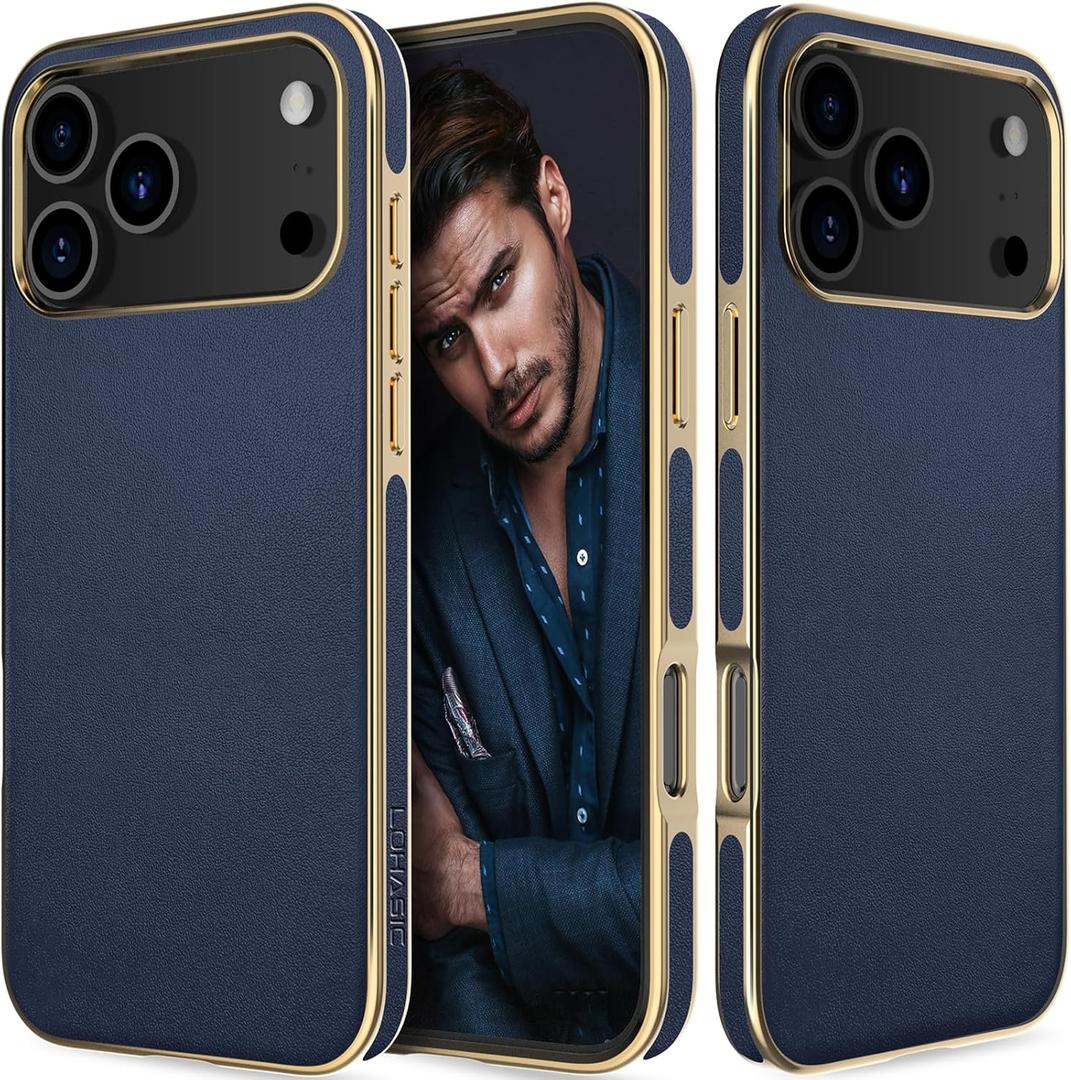 LOHASIC for iPhone 17 Pro Max Case Leather, Men Women Luxury Classic Back Cover with Soft Microfiber Lining Anti-Slip Grip Cases for iPhone 17 ProMax, Navy Blue