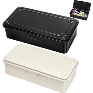 Coloch 2 Pack Steel Storage Box with Hinged Lid, Heavy Duty Metal Storage Case for Scrapbook Stamps Portable Rectangular Tool Box with Latch, for Pens, Pins, Stationery, Office Supplies