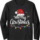 Merry Christmas Xmas Family Matching Apparel Merry Christmas Lights Red Santa Hat Xmas Family Men Women Long Sleeve T-Shirt, Blue XL