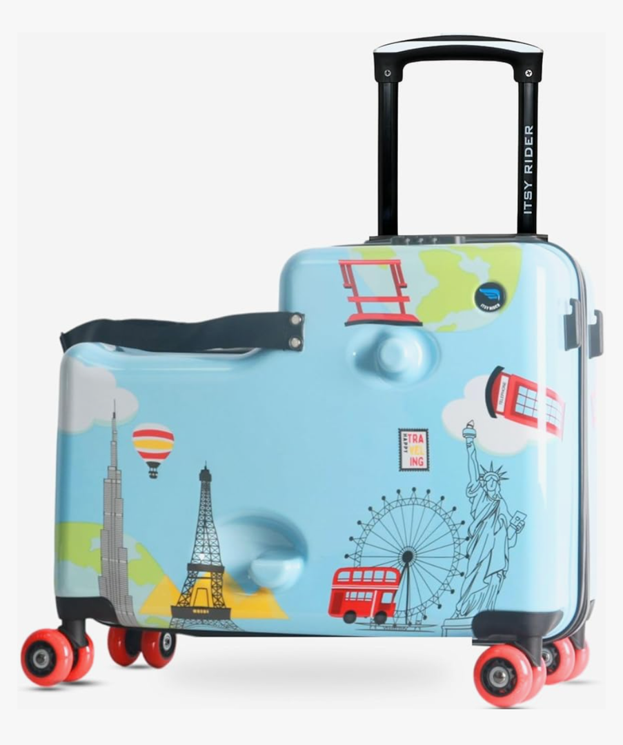 2025 Itsy Rider 20" Ride-on Suitcase for Kids with Double Spinner Red Wheels (Blue Landmarks)