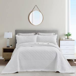CHIXIN Oversized Cotton Bedspread King Size - Real Stitching - Luxury Quilted Bedding Cover for All Season, Reversible, Ultra Soft, Lightweight, 3 Piece, Pure White (King/Cal King(122"x118"))