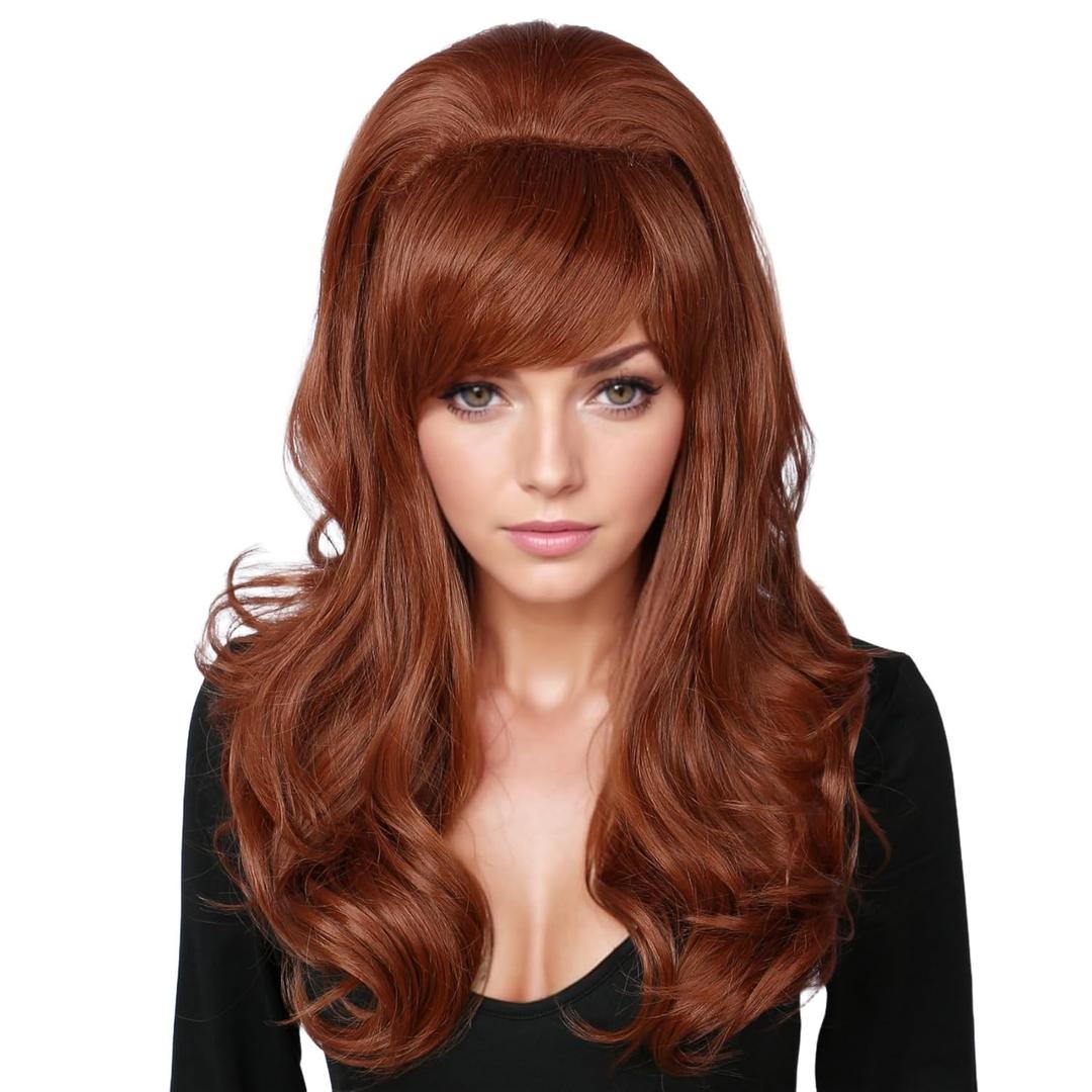 Linfairy Long Wavy Auburn Copper Wig Big Bouffant Beehive Wigs for Women fits 50s 80s Costume (Auburn Copper)