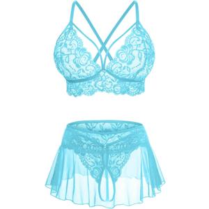 CRIPOM Lace Wedding Lingerie for Women Sexy Bralette & Mini Skirt Set, Women's Lingerie Sets for Boudoir Shooting Light Blue, Large
