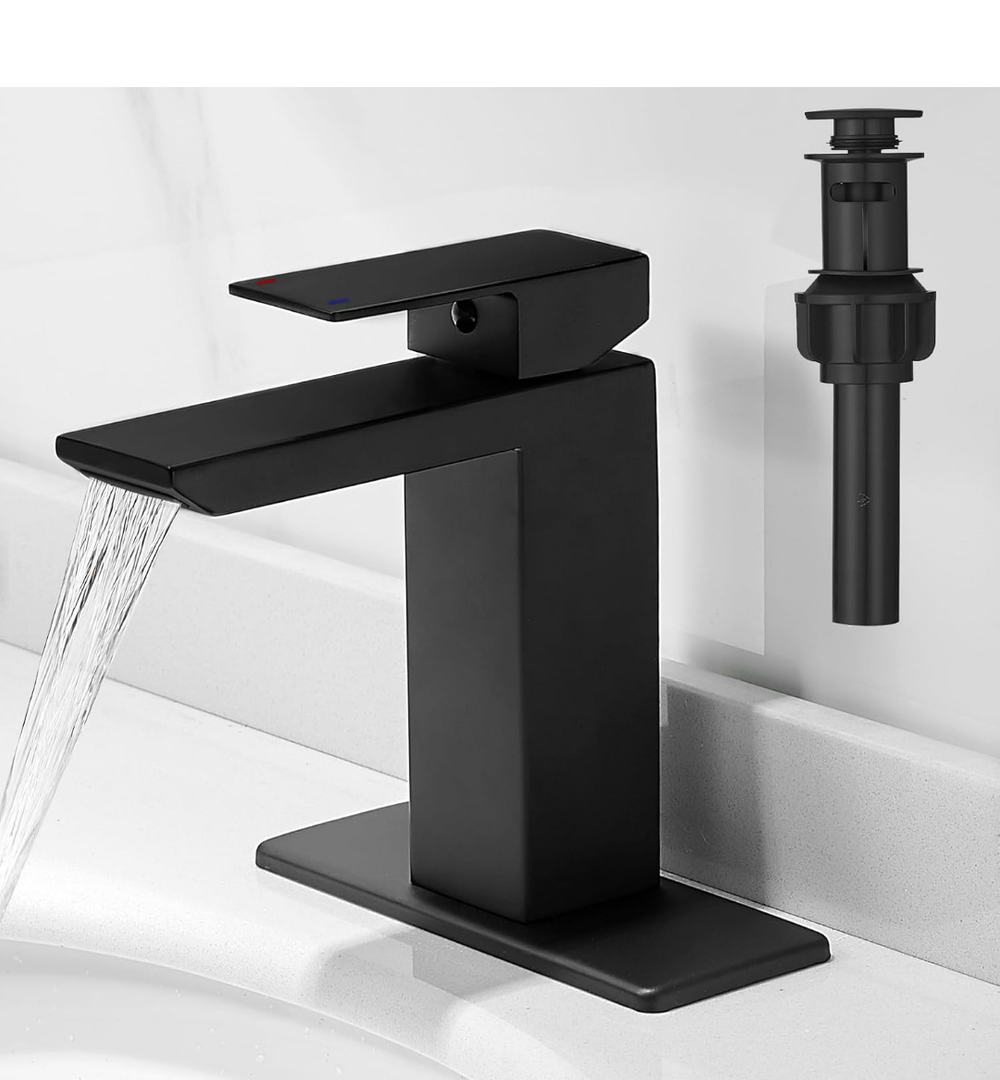RUMOSE Matte Black Bathroom Faucets Set with Pop Up Drain Single Handle Bathroom Sink Faucet 1 & 3 Hole Waterfall Spout Vanity Faucet Kit with Deck Plate Rv Lavatory Basin Faucet, Stainless Steel