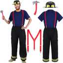 Hicarer 5 Pcs Firefighter Costume for Men Fireman Helmet Axe T Shirt Pants with Attached Suspenders Halloween Cosplay Outfit (XL, Black)