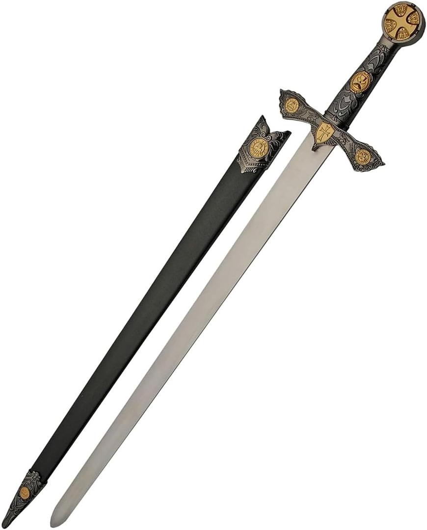 SZCO Knights Templar Sword Replica 33" Medieval Crusader Sword with Scabbard Stainless Steel Blade, Pewter & Gold Handle Decorative Collectible for Display, Cosplay, LARP