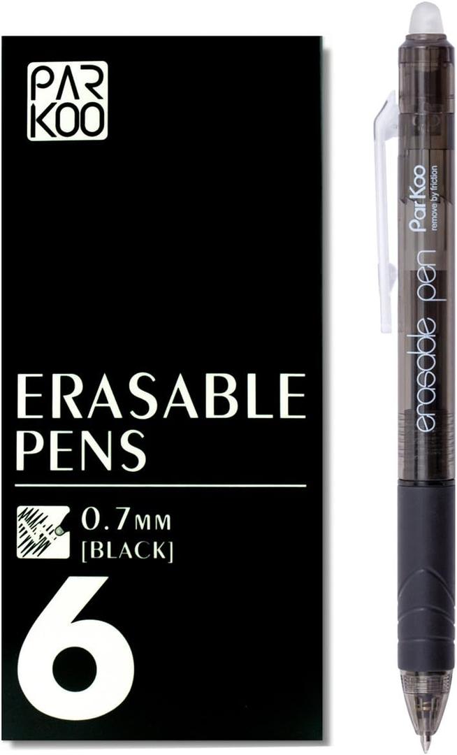 ParKoo Retractable Erasable Gel Pens Clicker, Fine Point, Make Mistake Disappear, Black Ink for Note Taking and Crossword Puzzles, 6-Pack