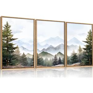 KAIRNE Framed Mountain Canvas Wall Art Set, Misty Forest Wall Decor, Green Pine Tree Wall Painting, Nature Widerness Landscape Art Print for Living Room, Bedroom, Study, Gallery - 16"x24"x3