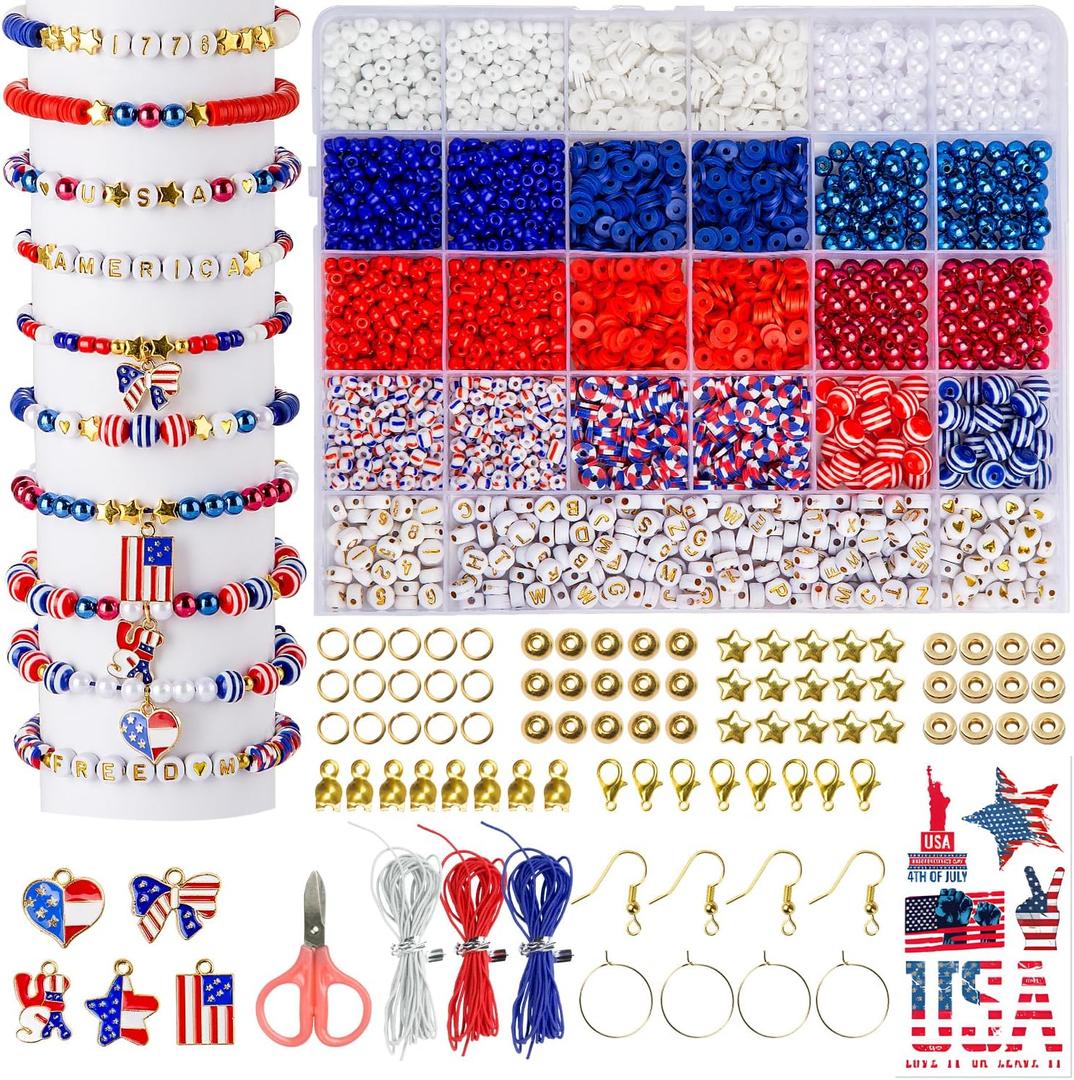Goldwise 2958 Pcs 4th of July Red White and Blue Beads Bracelet Making Kit with Clay Beads Glass Seed Beads Tattoo Stickers, Patriotic Beads for Jewelry Making with Letter Beads and Charms