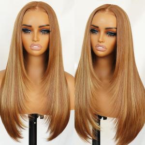 U&A Ua Hair Glueless Honey Blonde Highlight Straight Layered Wig Wear and Go 9x7 Lace Front Synthetic Wig Pre style Pre Plucked Pre Cut Vivid Self-growing Hairline Tiny Knots 22Inch