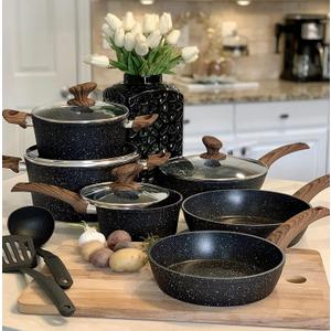 Kitchen Academy Induction Cookware Sets - 12 Piece Cooking Pan Set, Granite Black Nonstick Pots and Pans Set, 12 Pcs Cookware Set
