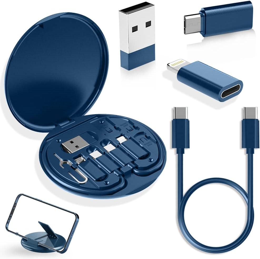 USB Adapter, Micro USB Charging Cable with USB C Lighting Adapter, Lighting to USB C Adapter, Multi Charging Cable Storage Box Contains SIM Card Holder (Blue)