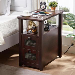 HDDDZSW Farmhouse XXL End Table with Charging Station, Narrow Side Table with USB Ports and Outlets, Nightstand with 2 Drawers Storage, Bedside Tables for Living Room, Bedroom, Rustic Cherry, 24.8 X 23.6 X 13.78 Inches