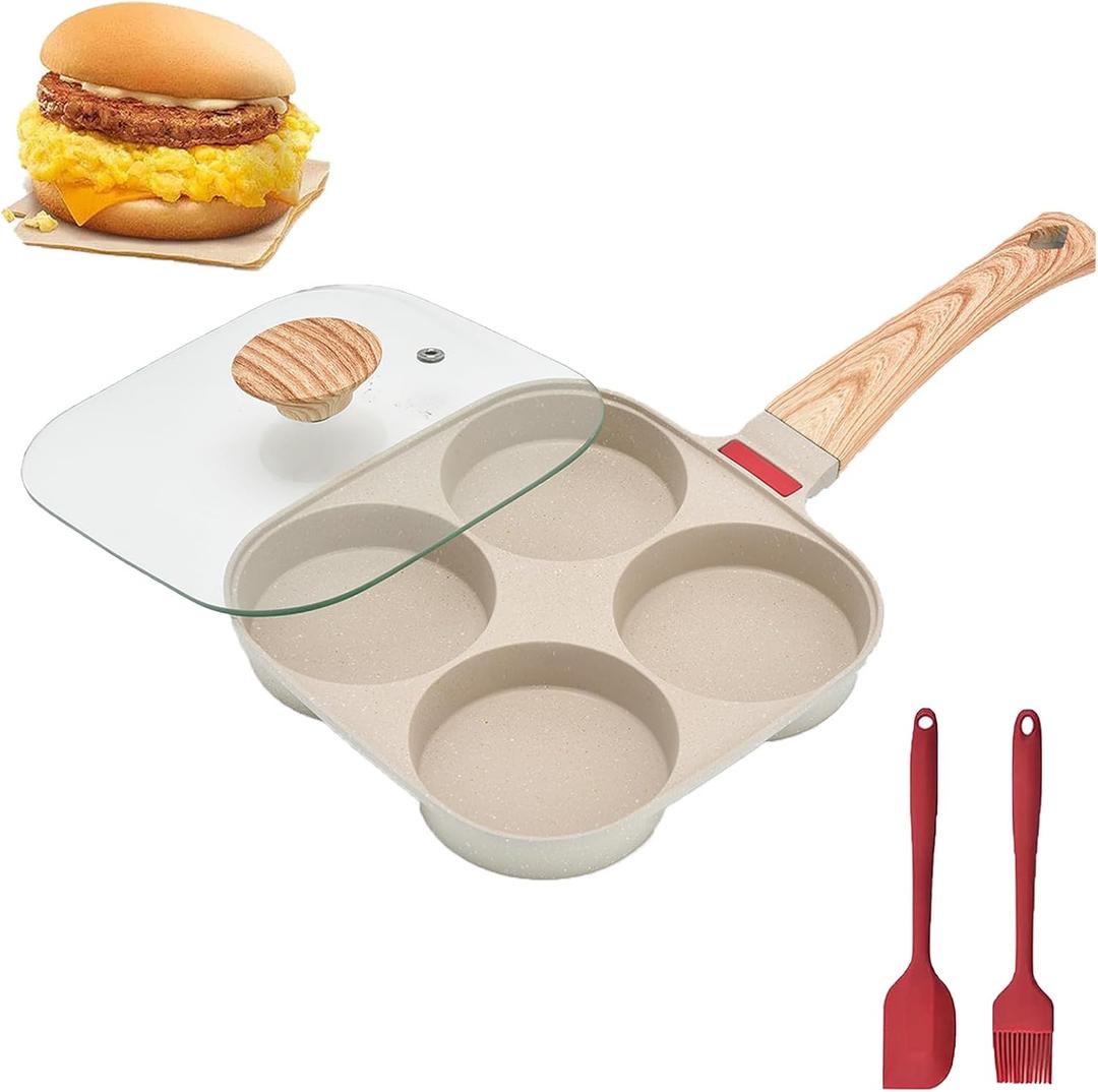 Fried Egg Pan, Egg Frying Pan with Lid Nonstick 4 Cups Pancake Pan Aluminium Alloy Cooker for Breakfast(White)