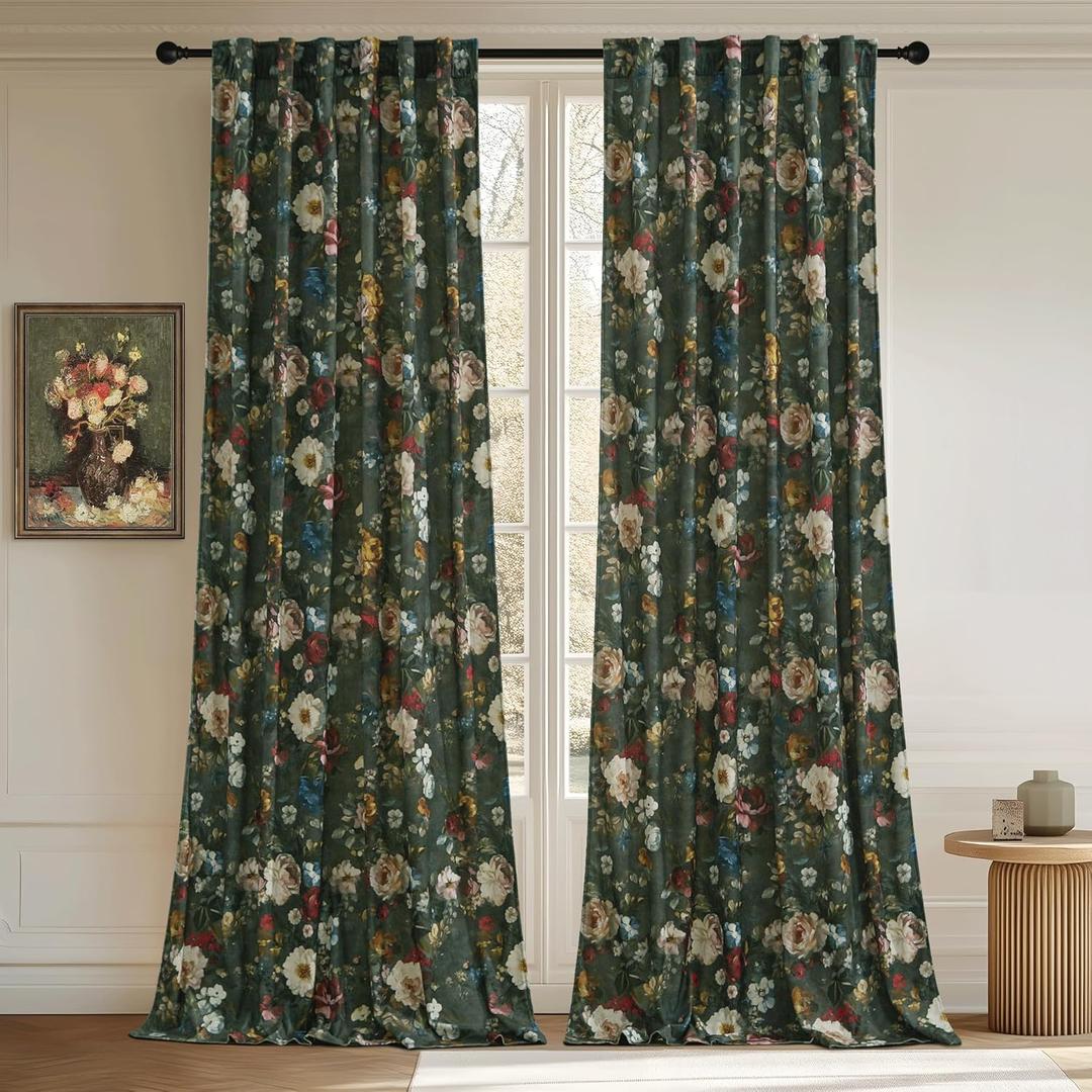 StangH Green Vintage Curtains for Living Room, Super Soft Velvet Bedroom Curtains with Floral Printing Back Tab Boho Thermal Insulated Window Drapes for Nursery, W52 x L96, 2 Panels (Flower on Green)