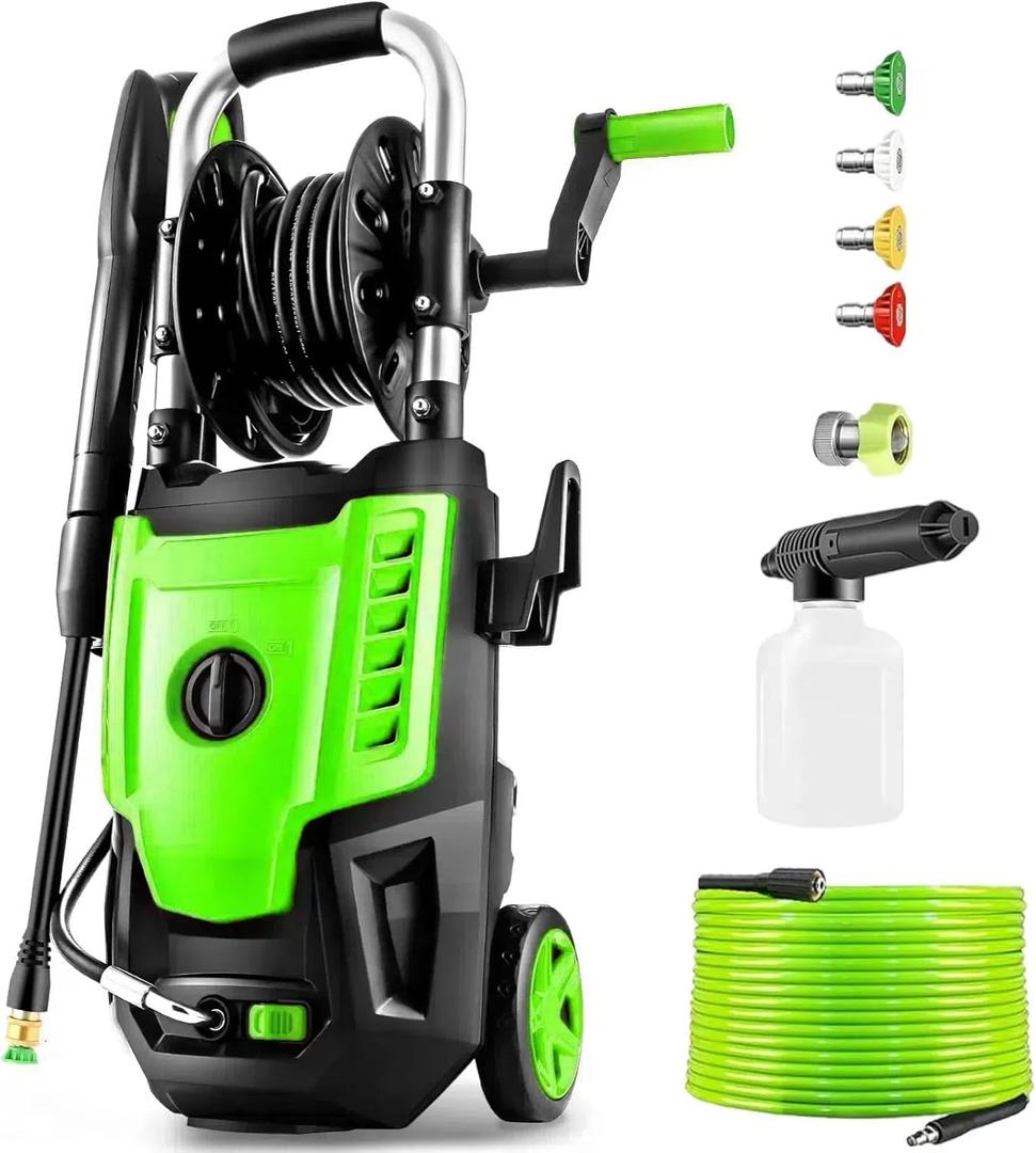 4800 PSI Electric Pressure Washer- 4.0 GPM High Power Washer with 33FT Hose Reel, 4 Spray Tips and Soap Bottle for Car Washing, Fence Cleaning, Patio MaintenanceUpgraded(Green)
