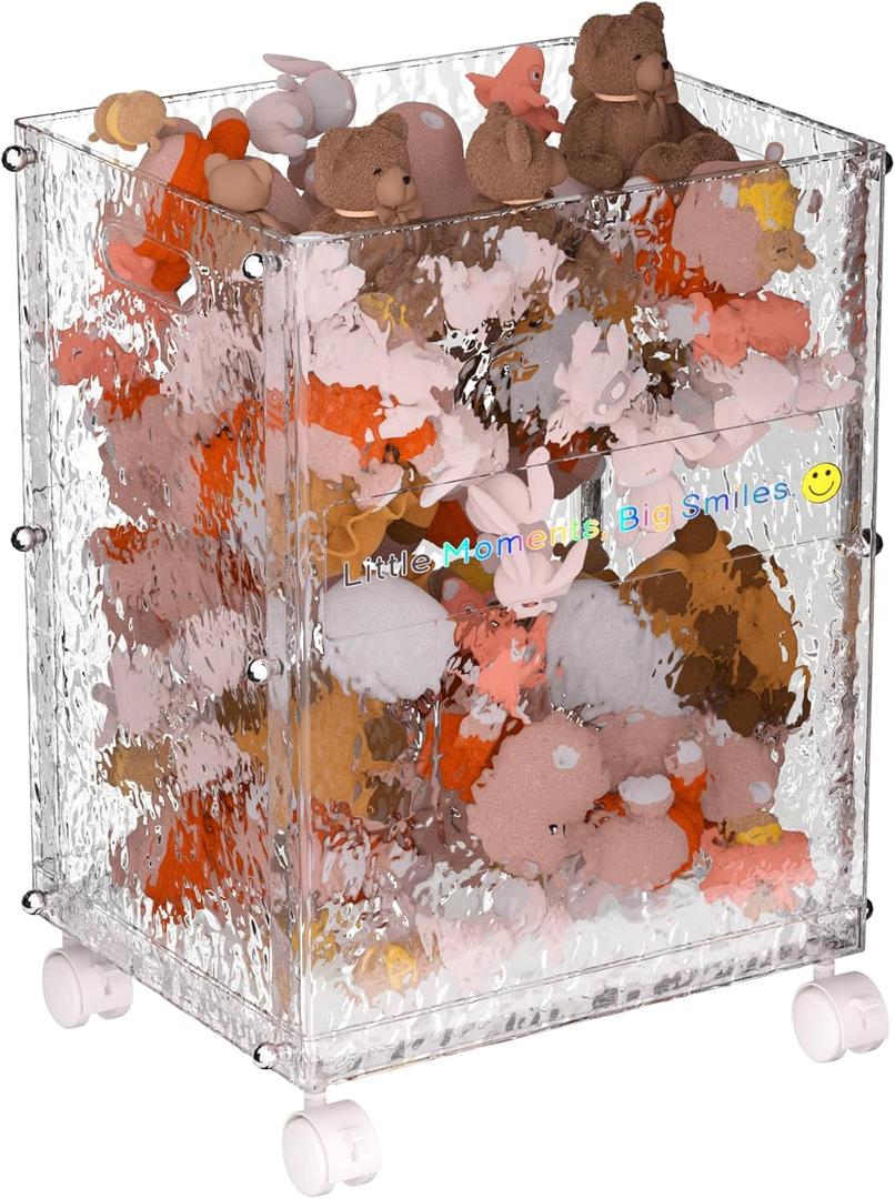 Stuffed Animal Storage, Rolling Toy Organizer Bin with Wheels, Large Clear Shatterproof Cart for Kids Playroom Nursery Bedroom, Slim Tall Design Fits Plush Toys Sports Gear, Glacier