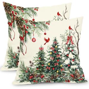 Christmas Pillow Covers 16x16 Inch Set of 2 Rustic Christmas Tree Decorative Outdoor Throw Pillows Winter Green Square Cotton Linen Cushion Case for Sofa Bed Couch Indoor Home Christmas Decor