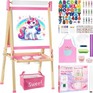 Easel for Kids,Adjustable Wooden Toddler Art Easels, Girls Toys for Ages 5-7,8-13,2-4, Magnetic White Board and Chalk Board with Art Supplies, 2 3 4 5 6 7 8 9 10 Year Old Girl Birthday Gift (Pink)