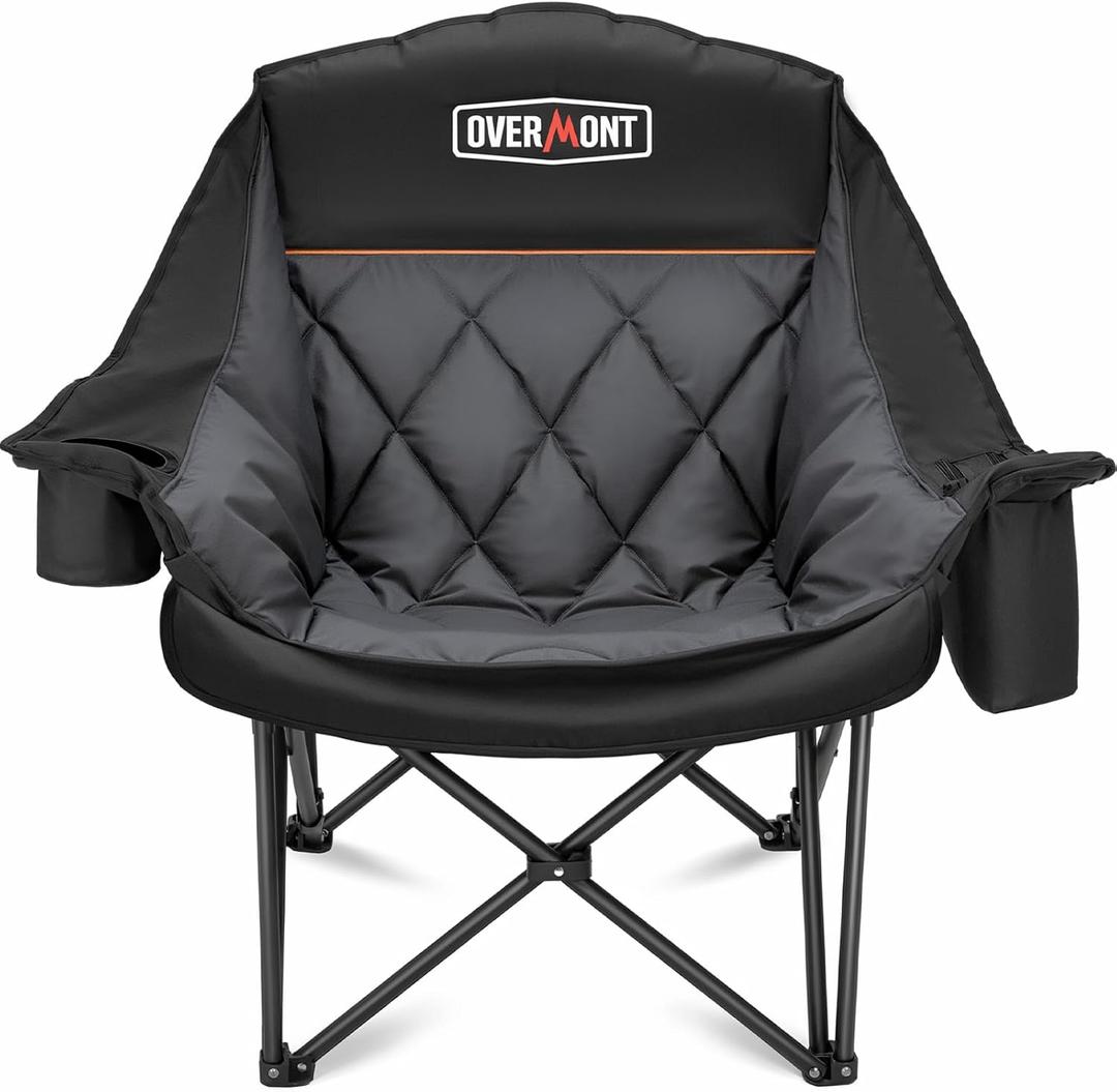 Overmont Oversized XL Camping Chair for Adults - 450lbs Support Heavy-Duty Padded Folding Chair with Side Pocket Cup Holder Cooling Bag for Outdoor Sports Garden Beach Fishing Lawn Black
