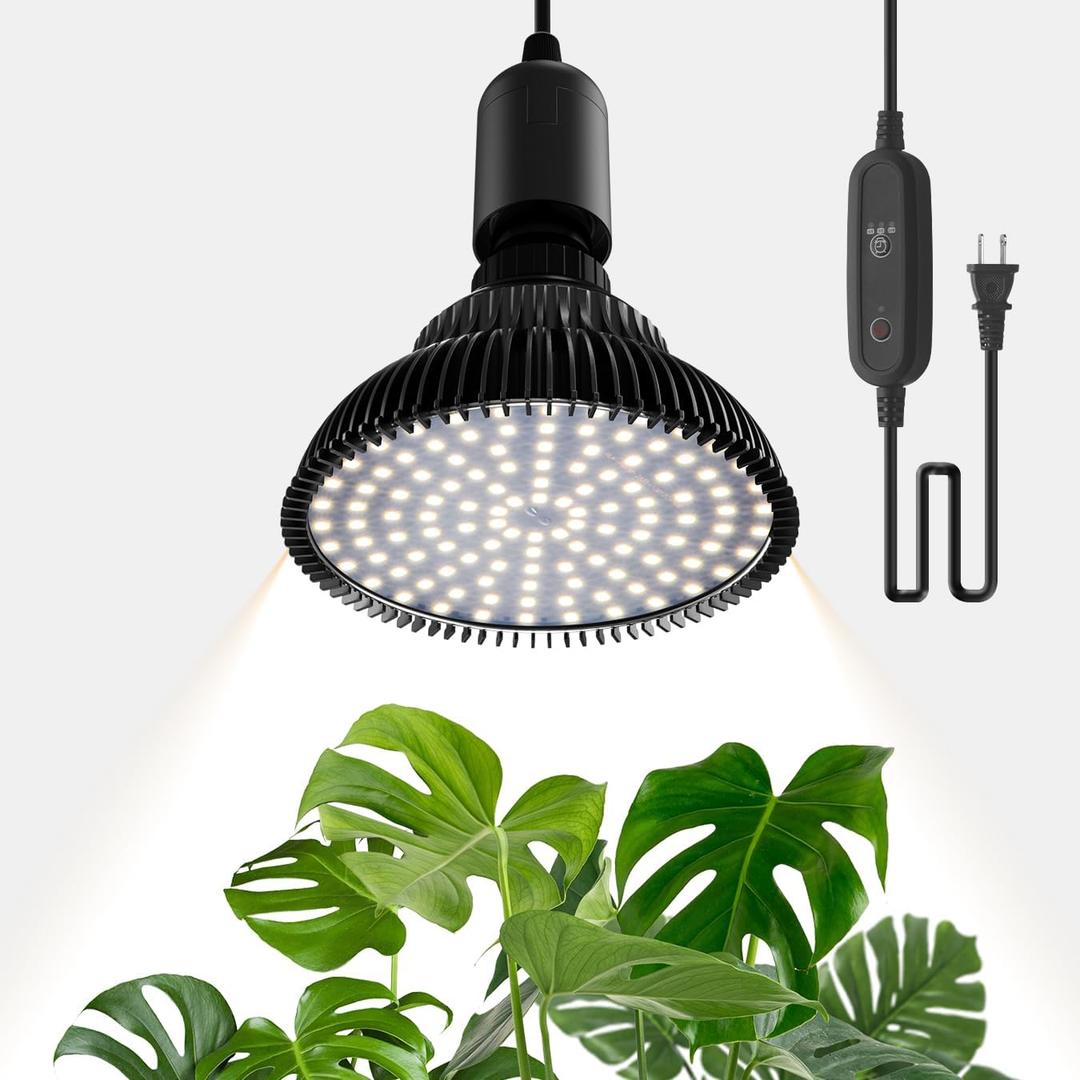 Hanging Grow Lights for Indoor Plants, 25W 5000K, LED Hanging Grow Light Bulbs with Timer, Height Adjustable Hanging Plant Light, Full Spectrum Pendant Grow Light for Seed Starting, Black