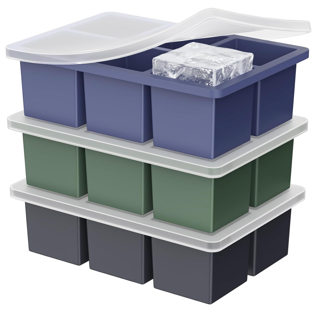 Large Ice Cube Tray for Whiskey: 2" Big Silicone Ice Tray with Lid for Whisky - 3Pack Old Fashioned Ice Cube Trays for Cocktail - Huge Square Cubed Bourbon Ice Cube Maker