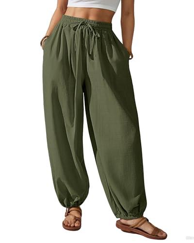 Bsubseach Womens Cotton Harem Pants Elastic Waist Baggy Pant Drawstring Balloon Trouser Loose Beach Pants with Pockets Army Green 2XL
