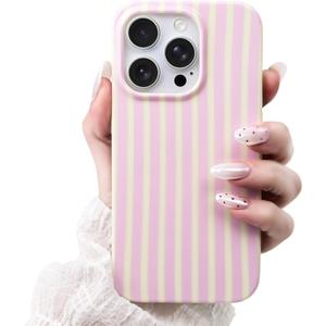 Compatible with iPhone 15 Pro Case,Cute Aesthetic Striped Pattern Cover for Women Girls,Soft TPU Shockproof Protective Stylish Kawaii Phone Case for iPhone 15 Pro 6.1",Pink/Yellow