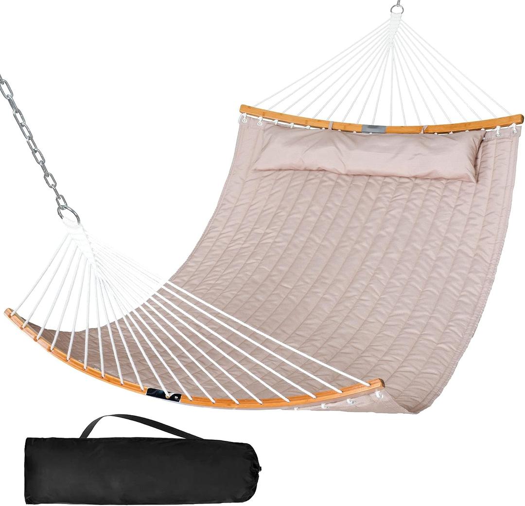 SUNCREAT 13.8 FT Hammocks Quilted Fabric Double Hammock with Detachable Curved Bamboo Spreader Bar and Soft Pillow, Max 450 lbs Capacity, Brown