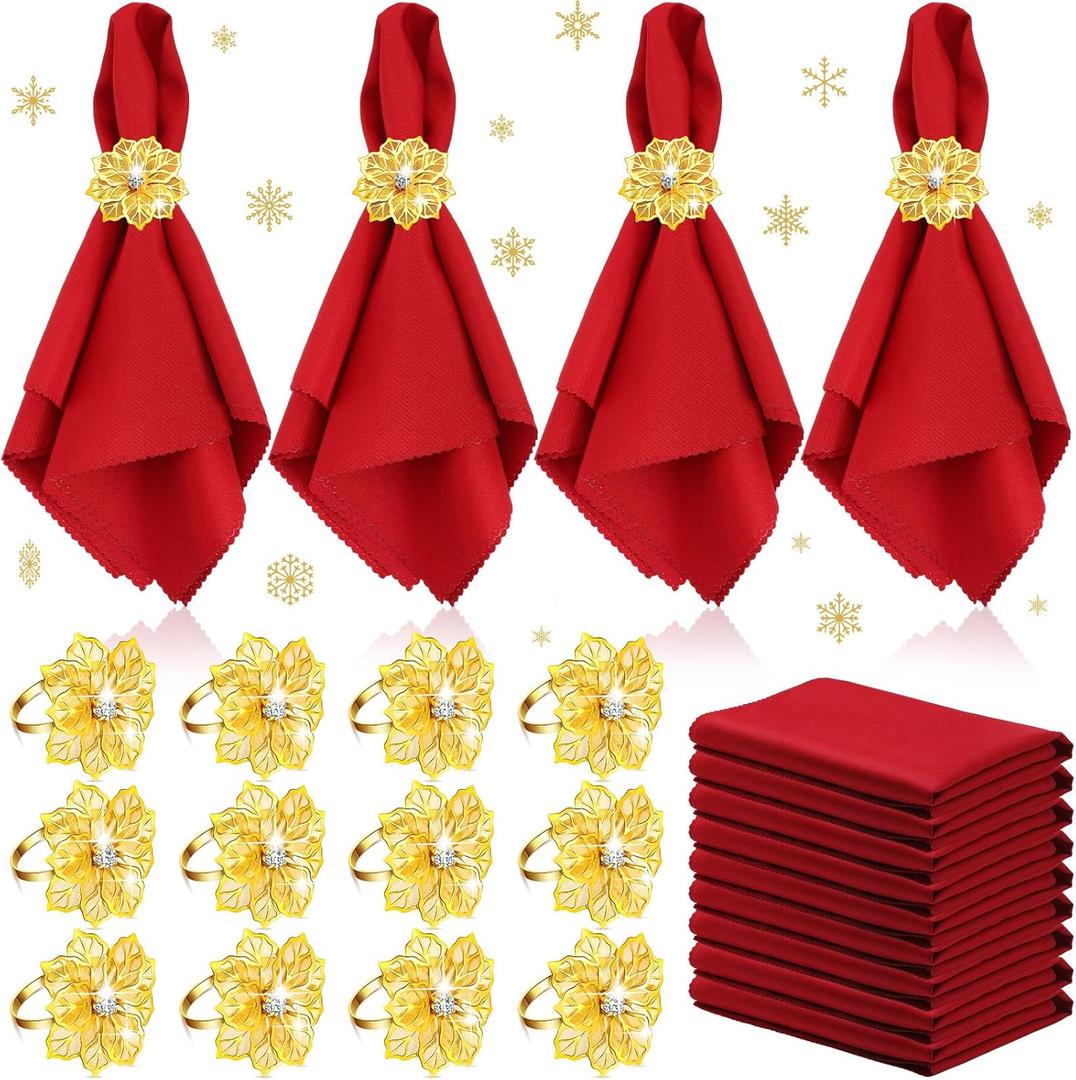 Sliner 24 Pcs Christmas Napkins and Ring Set 12 Pcs Red Washable Christmas Napkins Cloth and 12 Pcs Xmas Napkin Rings Holder for Holiday Dinner Party(Metal,Gold Flower)