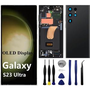 OLED for Samsung Galaxy S23ultra 5G S918U S918U1 S918E LCD Display Touch Screen Digitizer Assembly S23 Ultra Screen Replacement Support Fingerprint+S-Pen (with Black Frame+Back Cover+Tools)