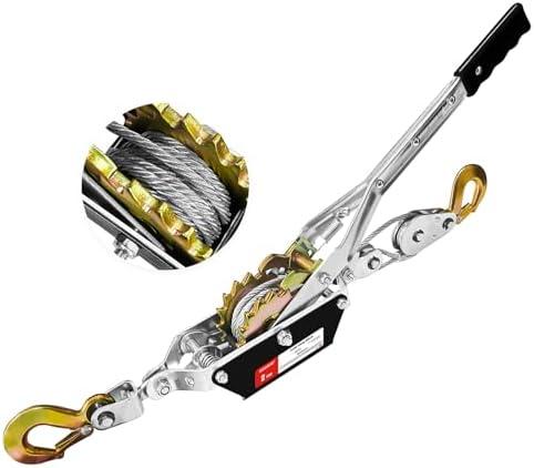 Come Along Winch, 2 Ton (4480 lbs) Pulling Capacity, 7 ft Steel Cable, 2 Hooks, Heavy Duty Ratchet Power Puller Tool with Dual Gears, Automotive Hoist Cable Puller Ideal for Vehicle Rescue