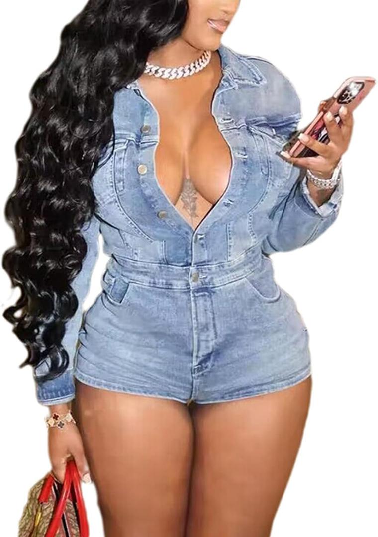 Molilove Women's Vintage Short Denim Jumpsuit Long Sleeve Button Down Jean Jumpsuit Romper with Pocket Sexy Going Out Outfits (Blue, L)
