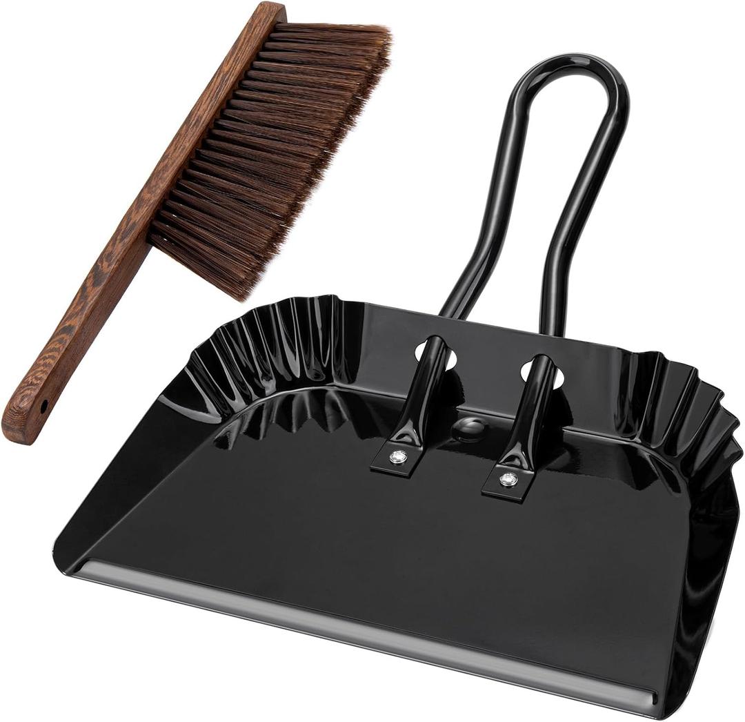 17In Extra Large Dust pan and Brush Set,Commercial Heavy-Duty Dust Pans and Wood Broom,Clip on Dust Pan Metal Edge Flat Against Floor for Patio/Pet/Car/Outdoor-Rubber Coated Easy to Grasp Handle