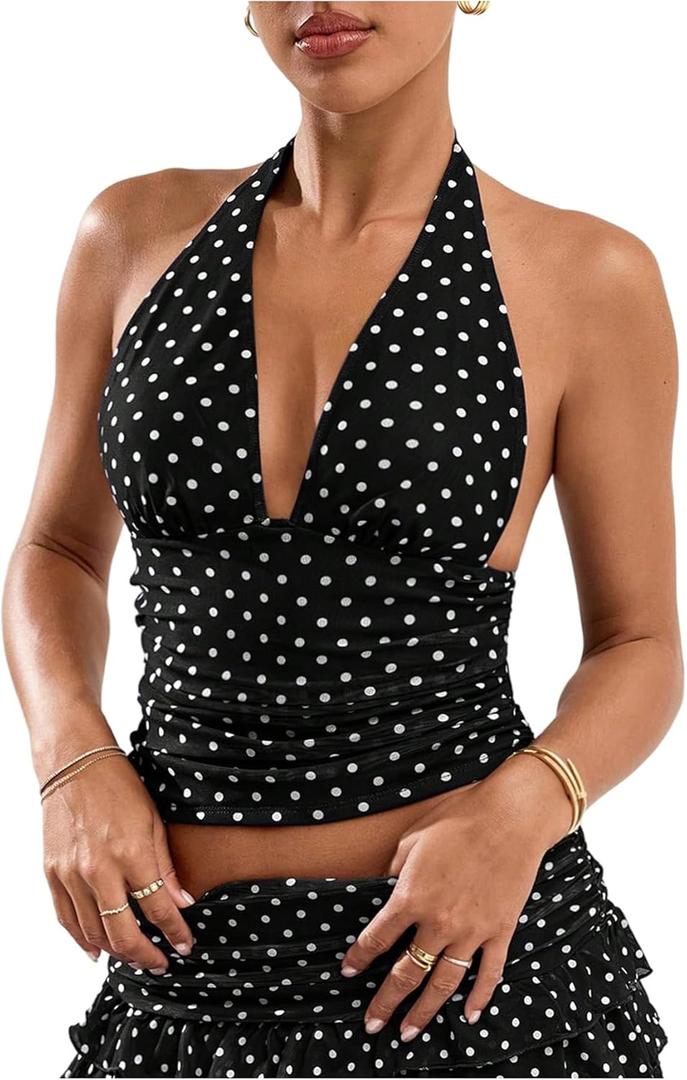 Women's Y2K Polka Dots Backless Halter Tops Sleeveless Ruched Fitted Low Cut Crop Top (Black, S)