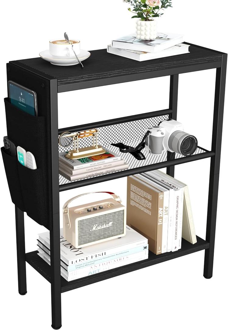 Yusong Small Narrow Side Table for Small Spaces, Slim End Table with Storage Bag, Sofa Snack Table with Adjustable Metal Mesh, 3 Tier Accent Skinny Beside Table for Living Room & Bedroom, Black Oak