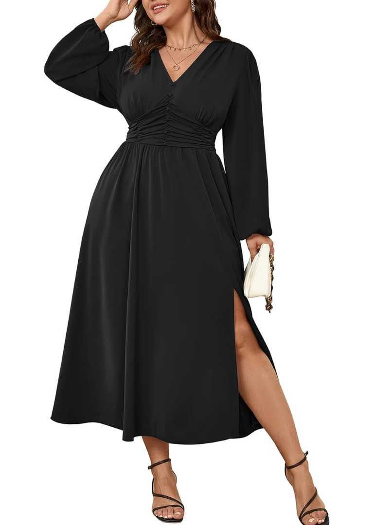 Womens Plus Size Wedding Guest Cocktail Maxi Dress Long Sleeve Elastic Waist V-Neck A-Line Side Slit Flowy Dresses, 3XL