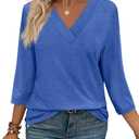 WIHOLL 3/4 Length Sleeve Womens Tops V Neck Casual Tunic Tops Basic Shirts Loose Fit Blouse (X-Large, B Lake Green)