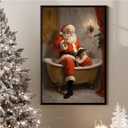 Santa Claus wall decor, fun bathroom poster print, Santa Claus in the bathtub art painting, winter holiday Christmas decoration, Victorian style vintage wall art poster for bathroom and bedroom (8x12in BlackMetalFrames)