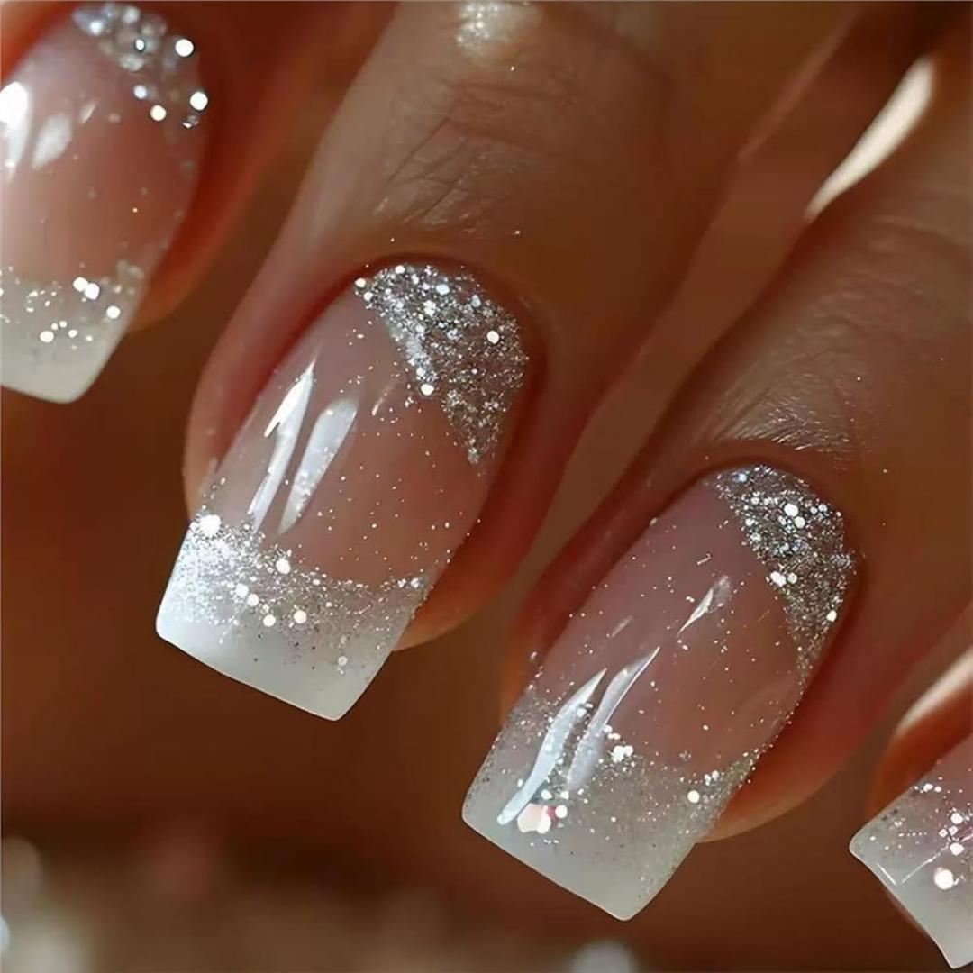 5 x Press on Nails Medium Square Fake Nails with Silver Glitter Design Sparkly French Tip Acrylic Style Artificial Fingernails for Women Party Prom Manicure 24Pcs, (Mix Nails )