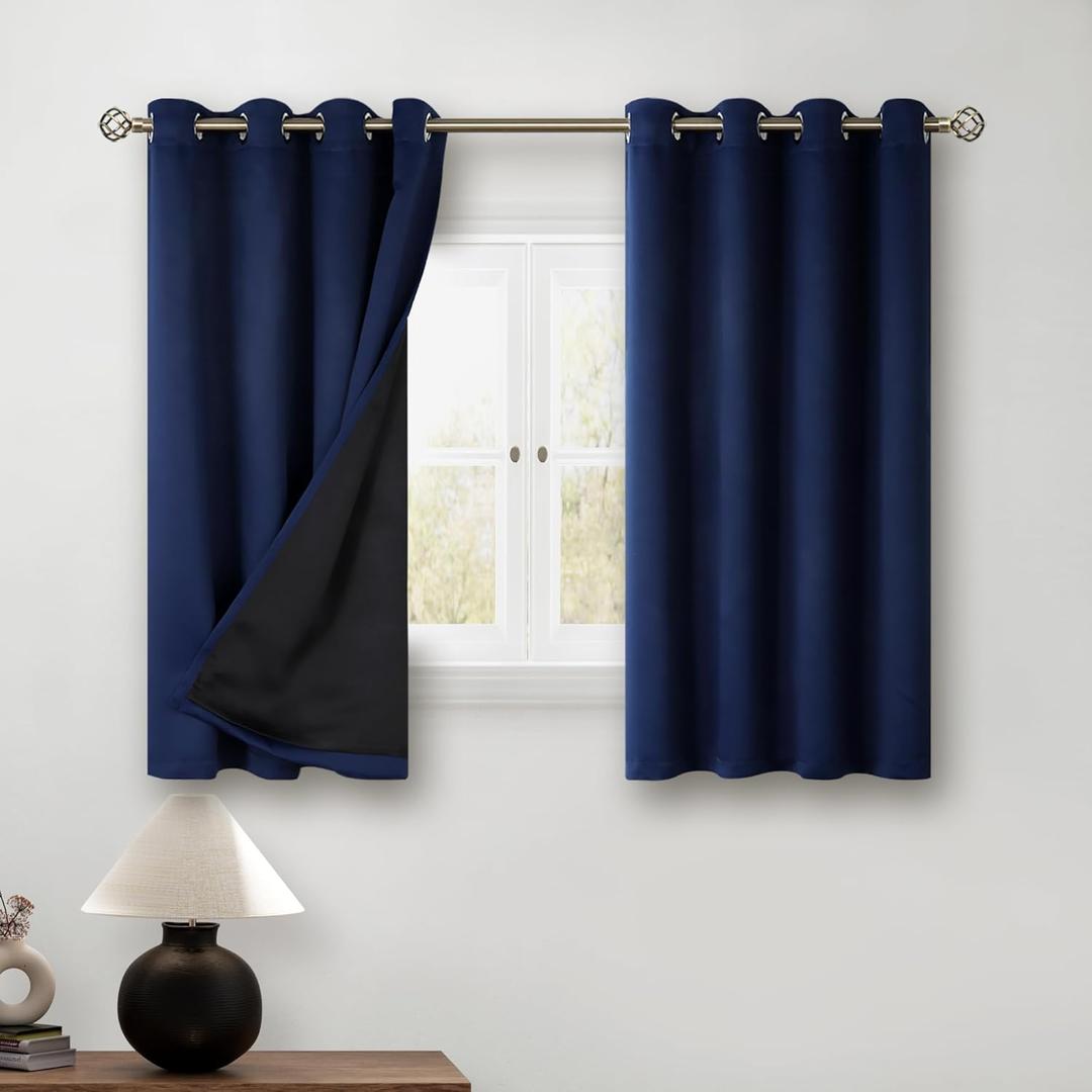 BGment Short 100% Blackout Curtains for Bedroom, Thermal Insulated Energy Efficiency Noise Reducing Grommet Curtains 54 Inch Length with Liner for Small Window 2 Panels Each 52 Inch Wide, Navy Blue